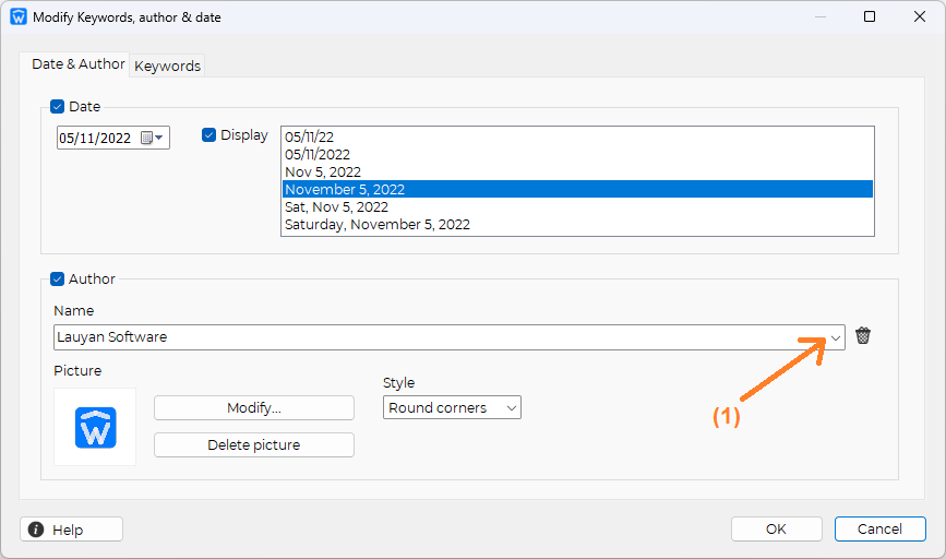 Date, author et keywords of a TOWeb webpage