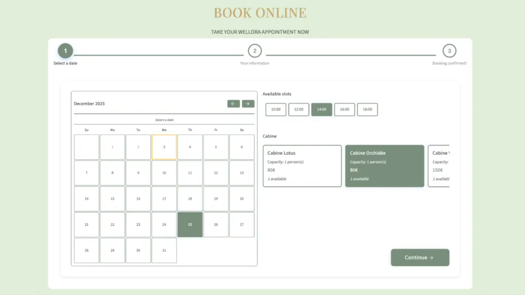 Online booking of the WELLORA template created with TOWeb