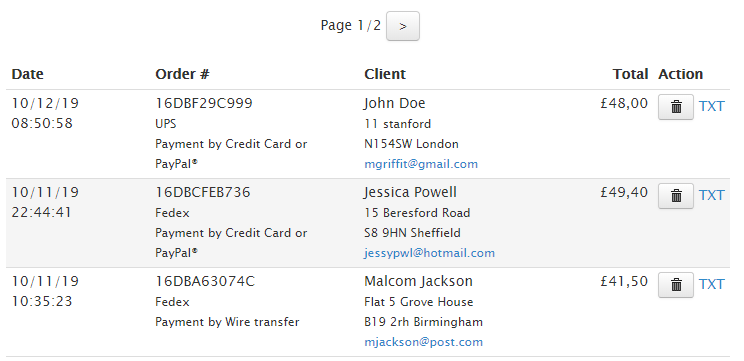Example of orders from the backoffice TOWeb backoffice example