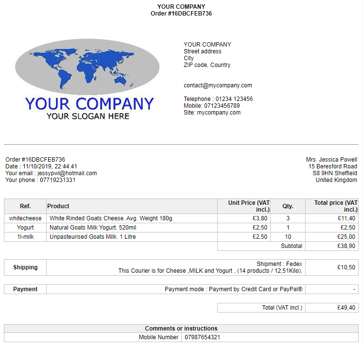 Example of an order from the backoffice TOWeb backoffice order example