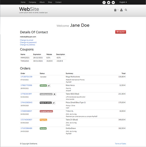 Customer account management example of a TOWeb site