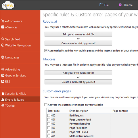 Management of error pages in a website