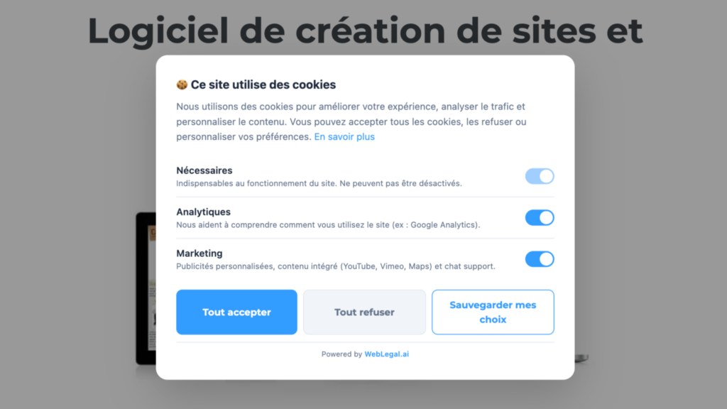 bannière de consentement des cookies WebLegal