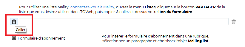 Utiliser le lien de partage d'une mailing list Mailzy dans TOWeb