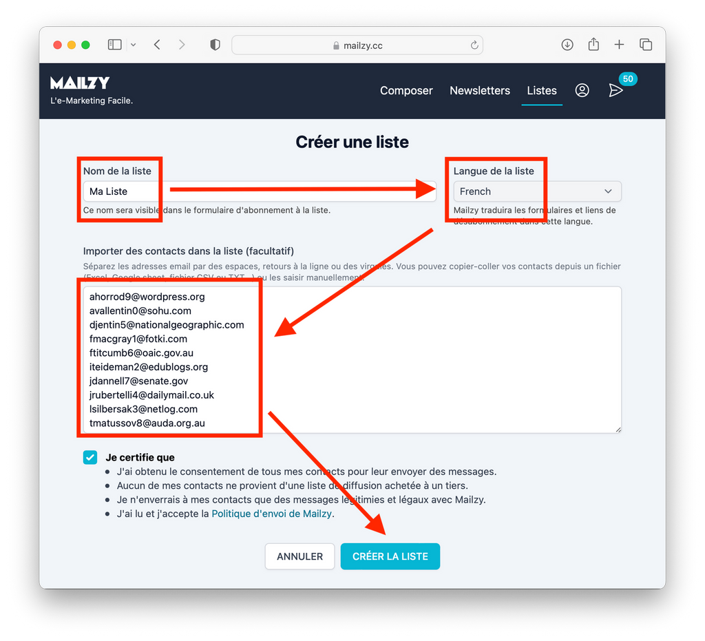 Création d'une mailing list avec Mailzy