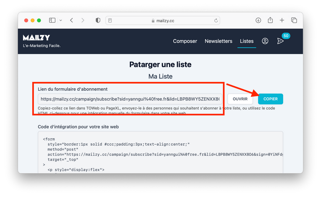 Copier le lien de partage d'une mailing list Mailzy