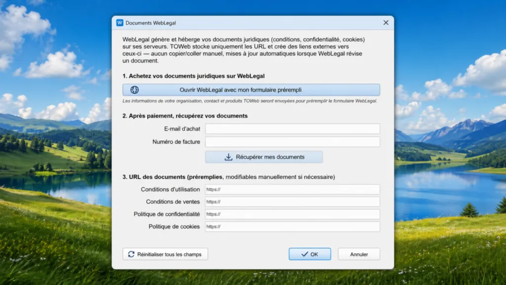 documents juridiques intégrés en 2 clics dans TOWeb