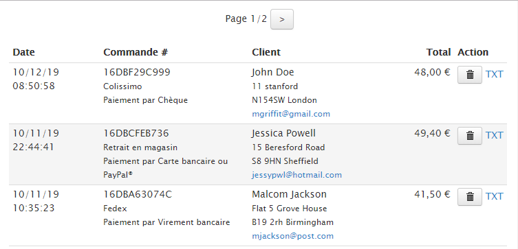 Exemple de commandes dans le backoffice Exemple de page Backoffice