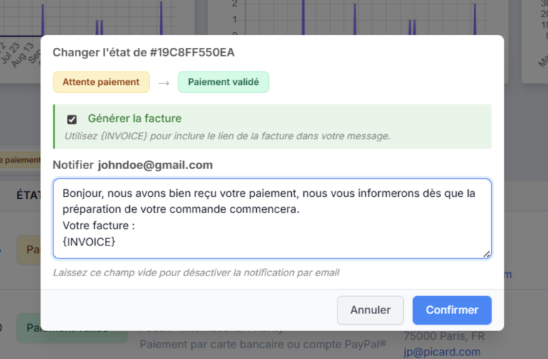 Backoffice d'un site TOWeb changement d'état d'une commande e-commerce