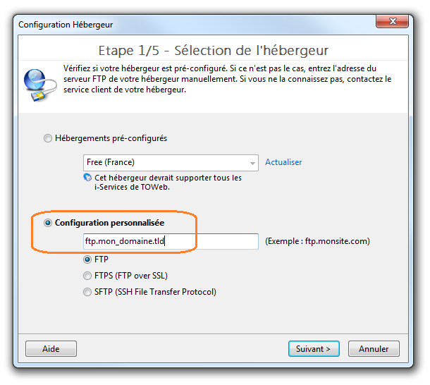 Sélection hébergeur dans TOWeb