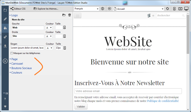 Interface TOWeb éditeur simplifié du thème