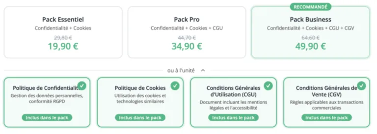 tarifs des packs WebLegal 3