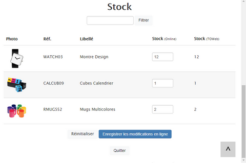 Stock temps réel TOWeb