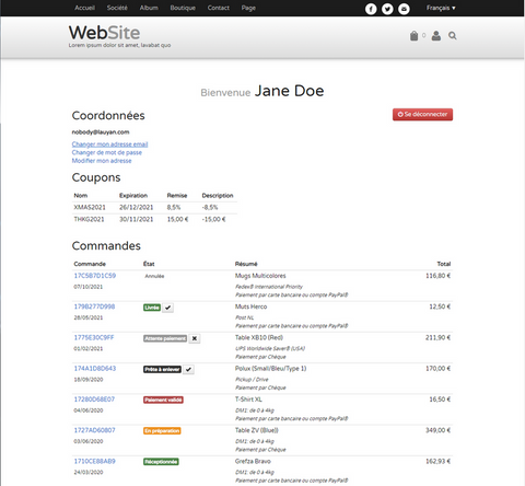 Exemple de comptes clients sur un site TOWeb