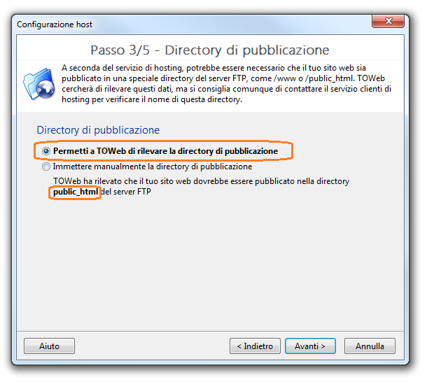 TOWeb Directory di pubblicazione