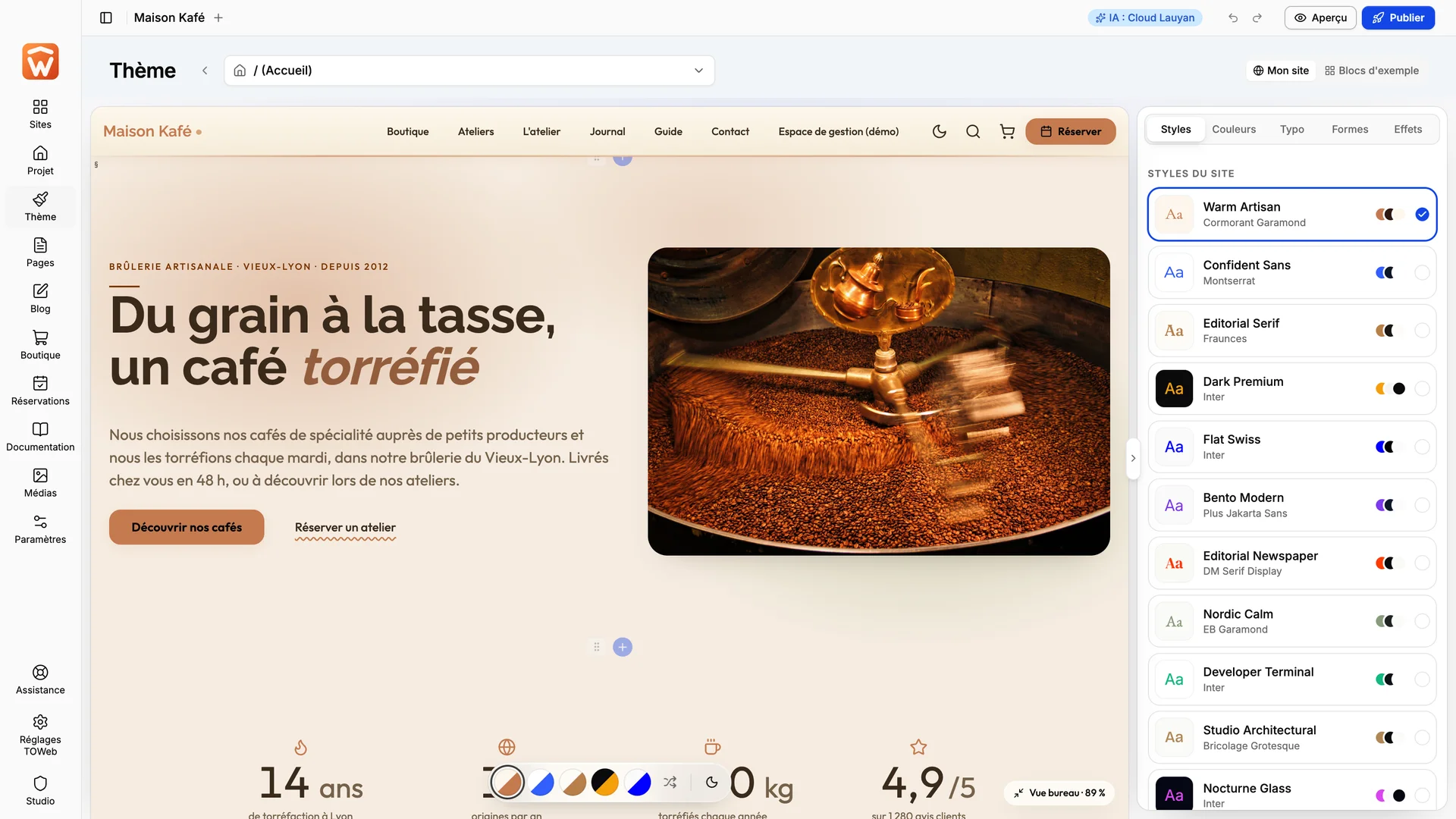 The TOWeb 15 style gallery, with several website previews.