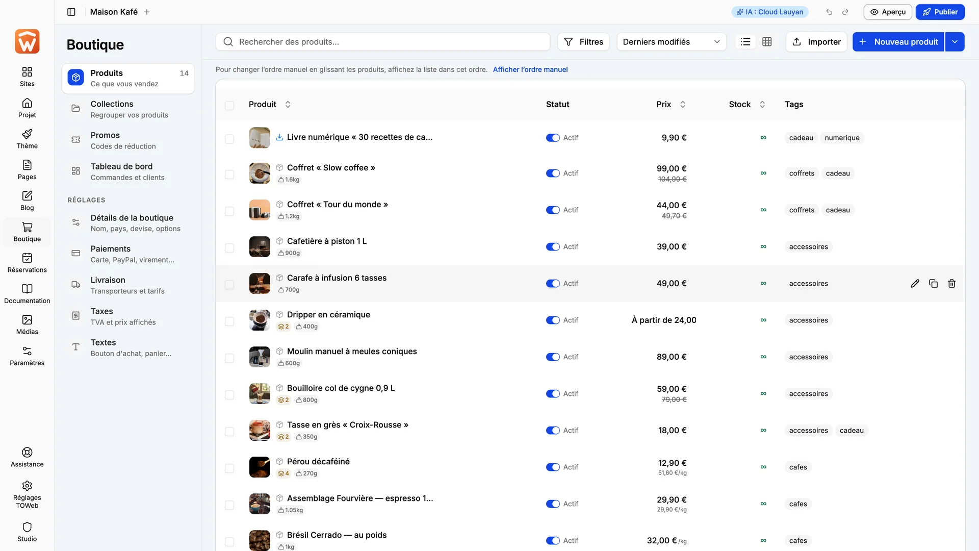 The list of store products in TOWeb 15.
