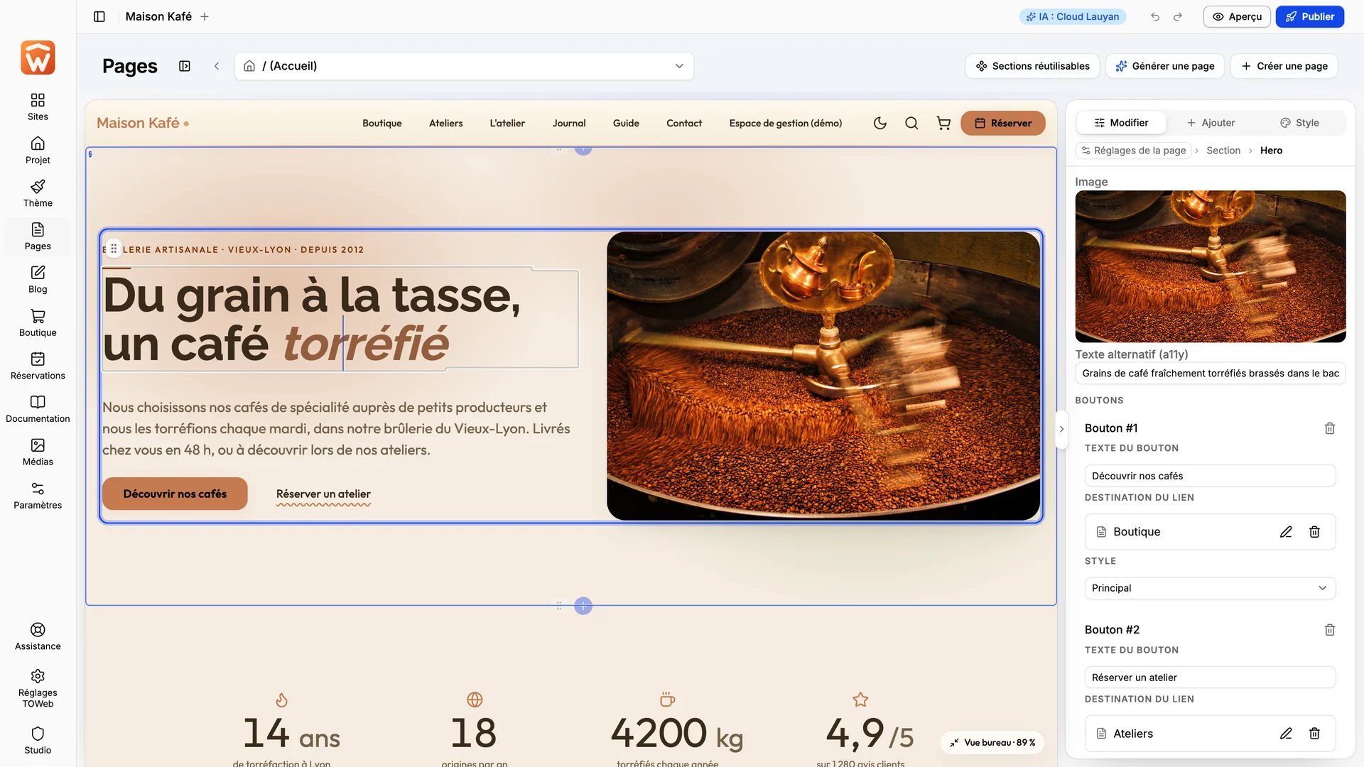 The TOWeb 15 editor on Mac, with the home page of a café website being edited.