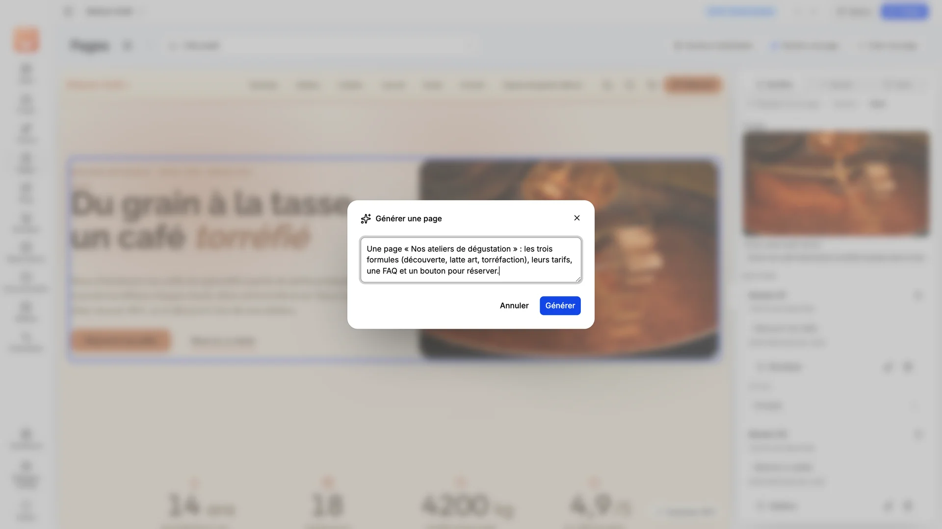 The “Generate a page” window of the TOWeb 15 AI assistant.