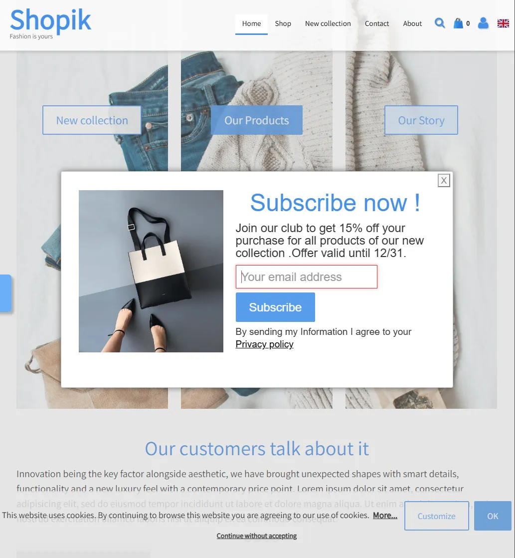 O modelo de site Shopik e a sua janela de subscrição da newsletter