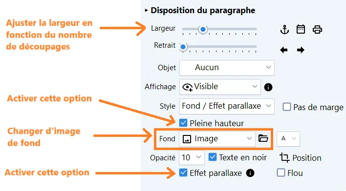 Paragraph settings in TOWeb for the cut-out image effect: image background, full height and parallax effect