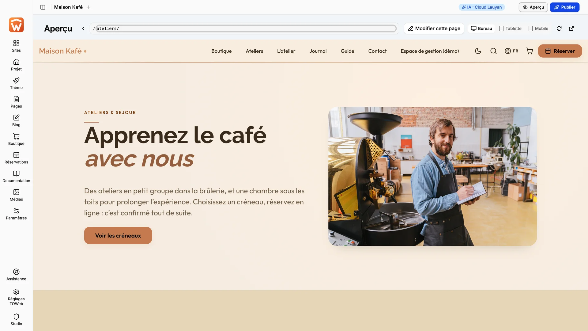 The preview of a bookable workshops page on a café website, in TOWeb 15.