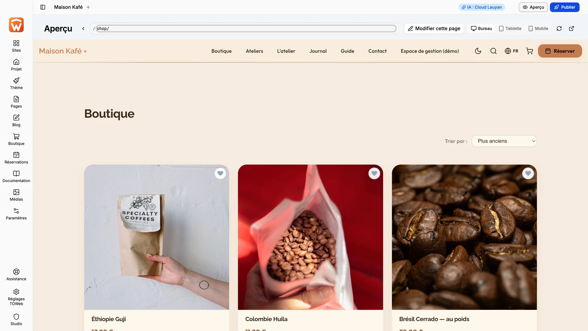 The store preview of a café website in TOWeb 15.