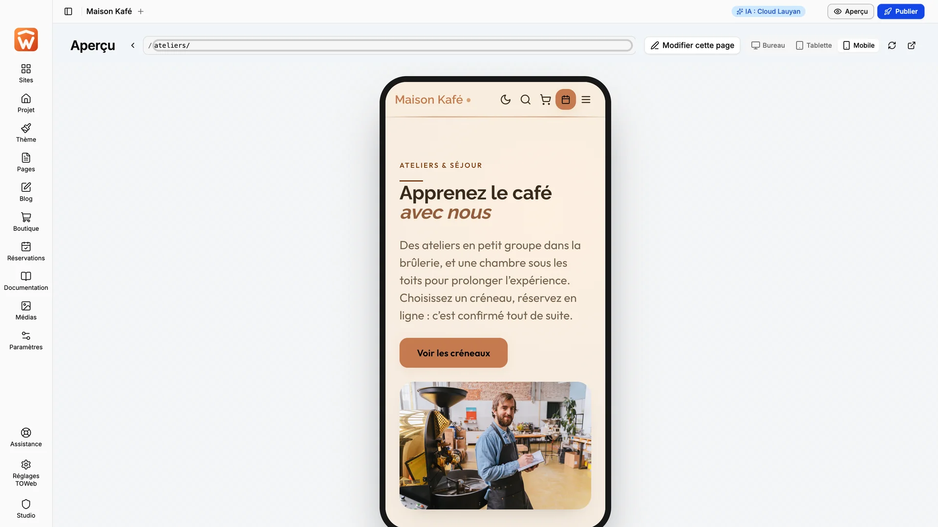 The phone preview of a website in TOWeb 15.