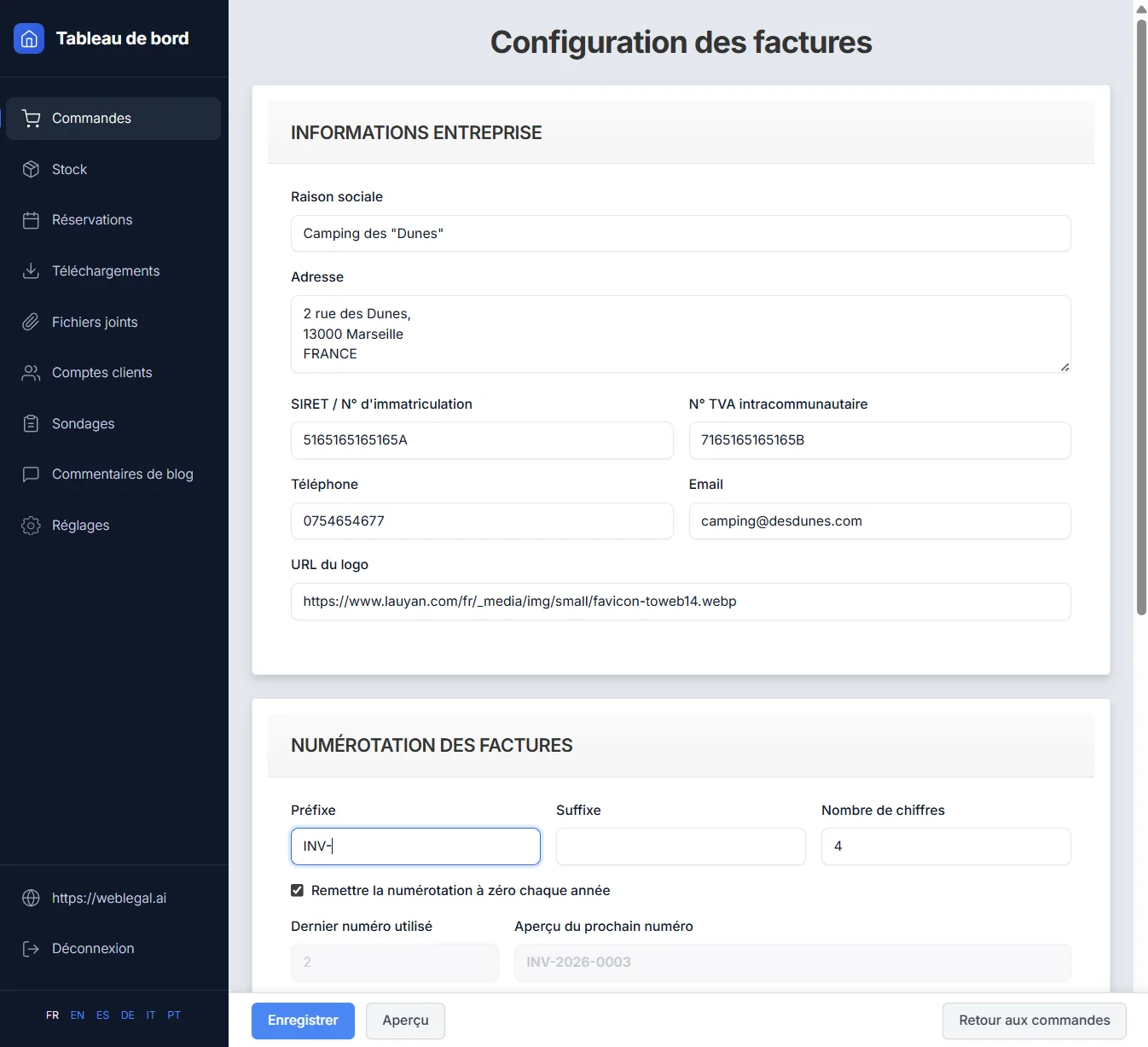 La configuration des factures : informations de l’entreprise et numérotation