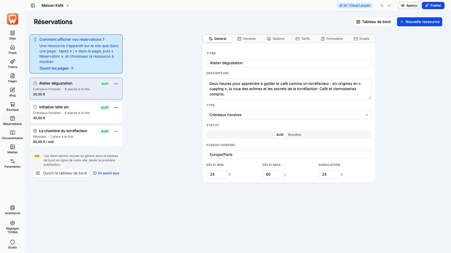 The bookings calendar in TOWeb 15.