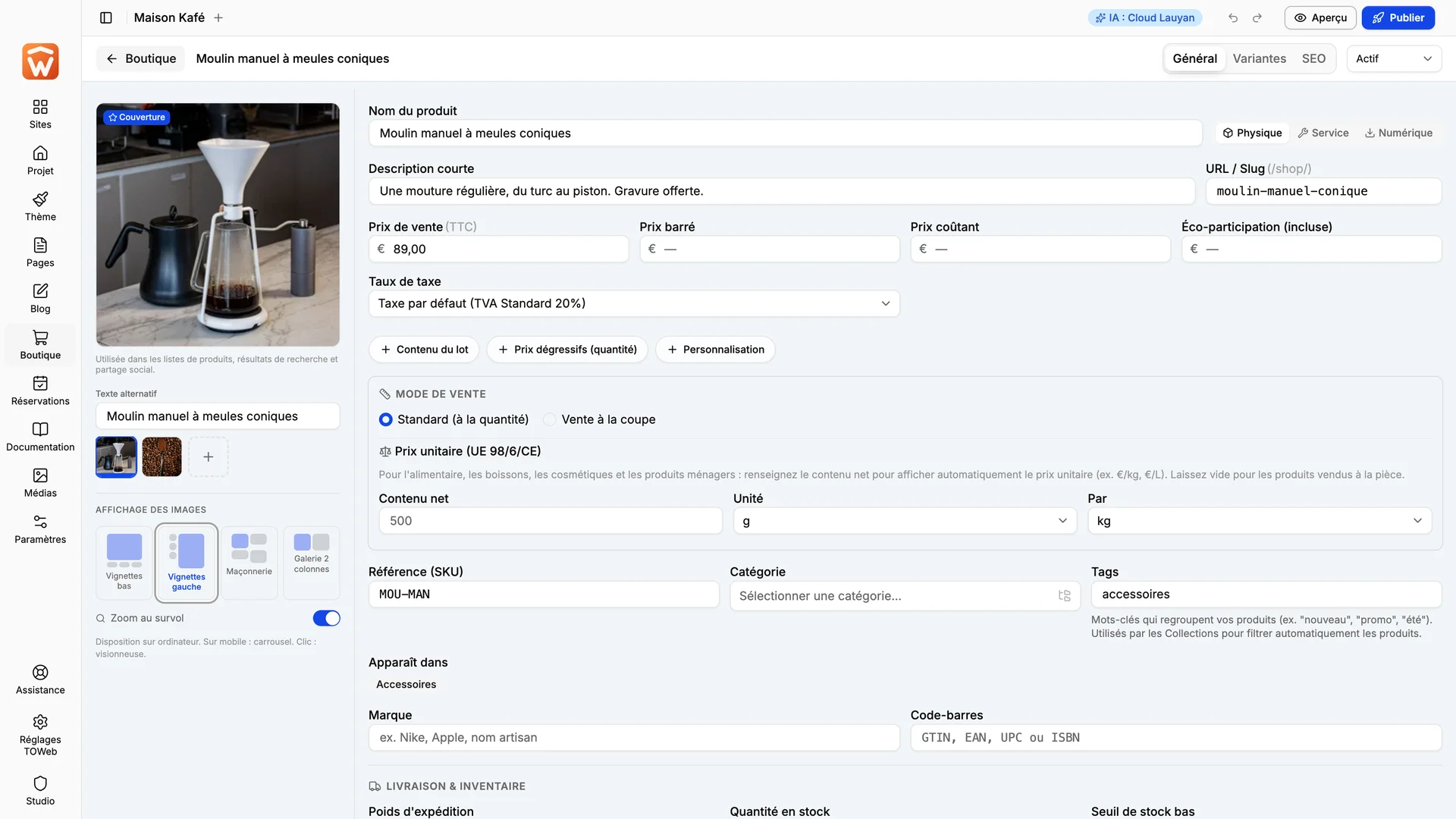 A product page being edited in TOWeb 15.