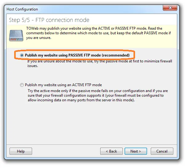 FTP connection mode in TOWeb