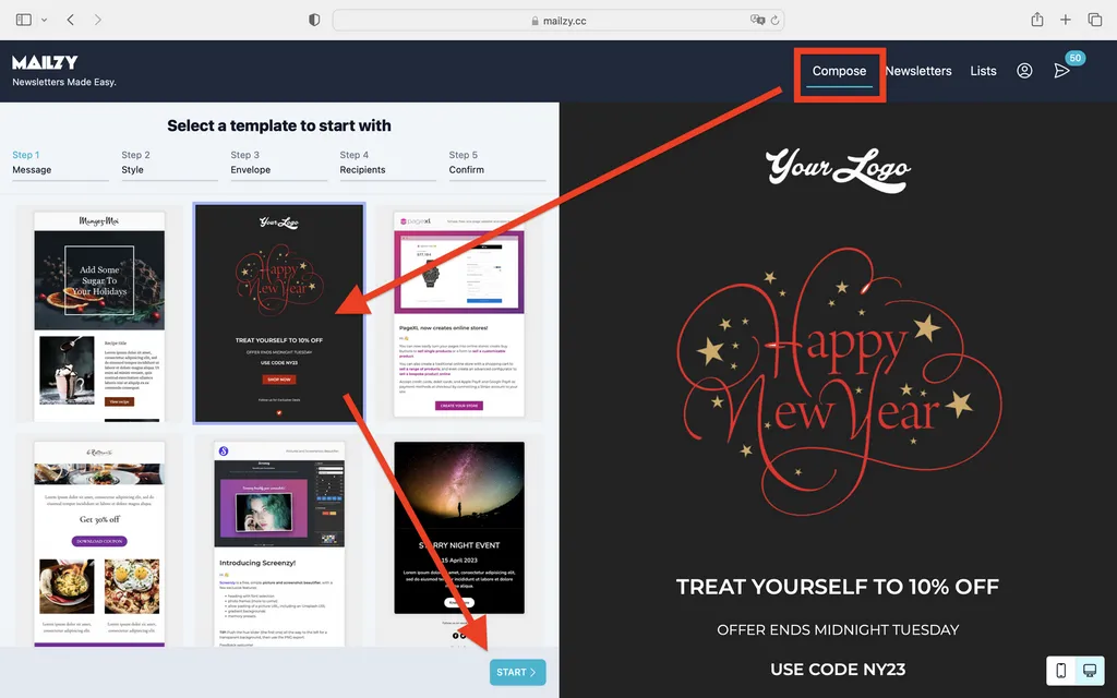 Screen for choosing a Mailzy newsletter template