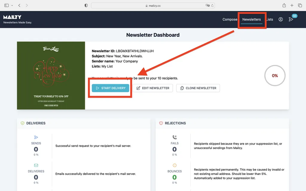 Screen for sending and editing a Mailzy newsletter