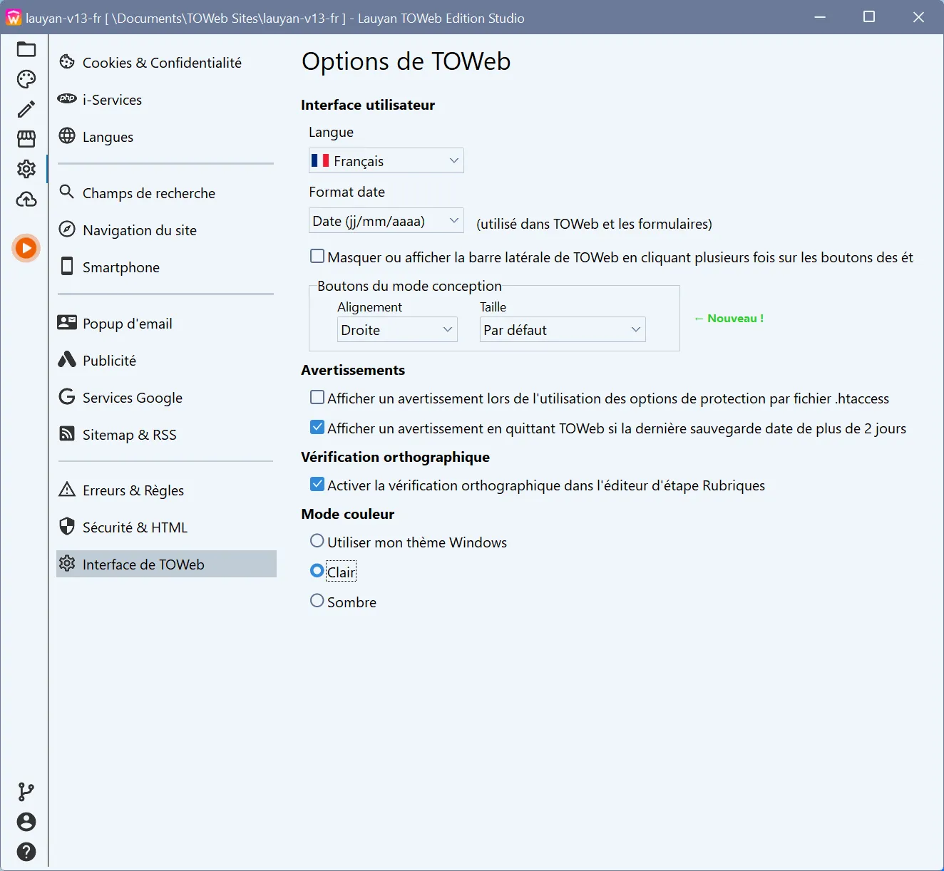 dark and light mode interface of TOWeb